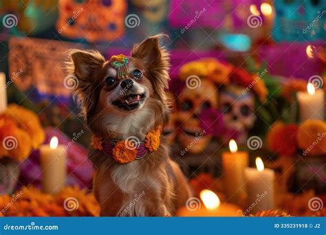 Long Haired Chihuahua Adorned With Marigold Flowers And A Decorative