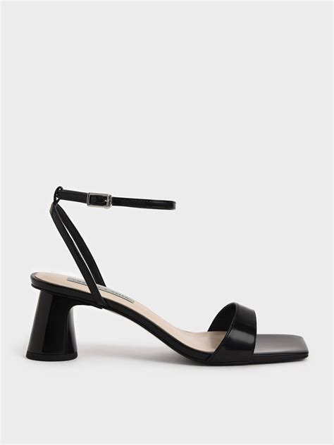 Black Patent Ankle Strap Cylindrical Heel Sandals Charles And Keith Sg