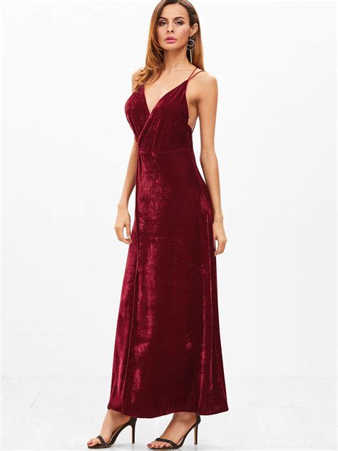 Burgundy Velvet Deep V Neck Backless Wrap Slip Dress Shein Sheinside