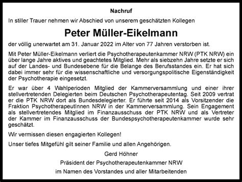 Traueranzeigen von Peter Müller Eikelmann Trauer in NRW de