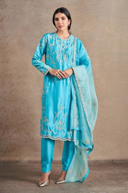 Buy Blue Kurta And Pant Pure Silk Embroidered Sequin Round Floral Set