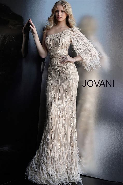 Jovani 63342 Gold One Shoulder Feather Detail Prom Dress Glass