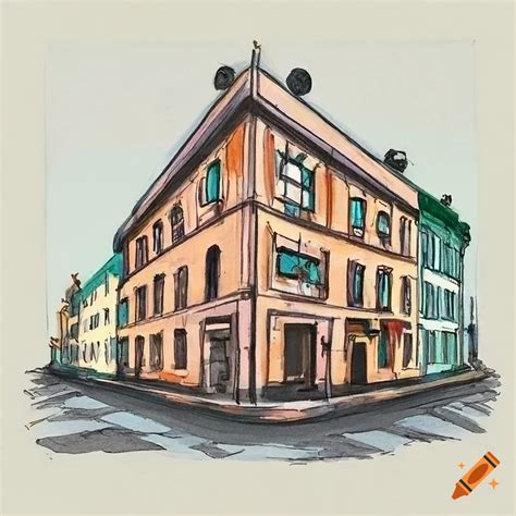 Two Point Perspective Drawing Of A City Building Corner With Street