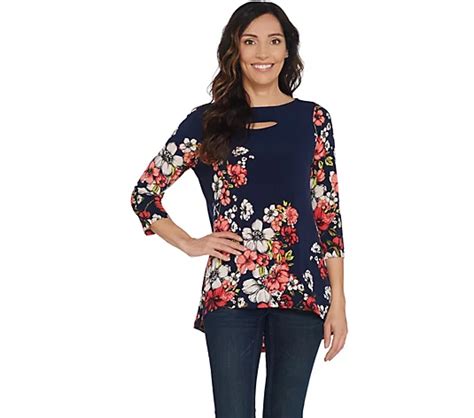 Susan Graver Printed Liquid Knit Hi Low Hem Top W Cutout