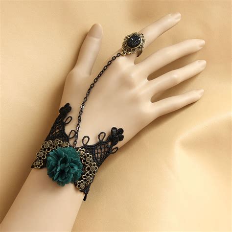 Victorian Gothic Black Lace Wristband Flower Embellishment Bracelet