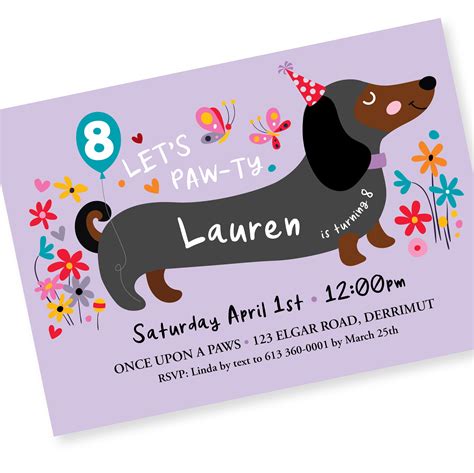 Dachshund Birthday Party Invitation Dog Invite Puppy Party Cute