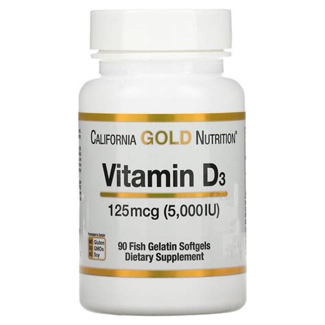 California Gold Nutrition, витамин D3, 125 мкг (5000 МЕ), 90 капсул из ...