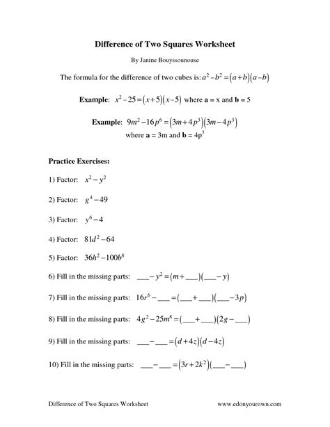 Factor Difference Of Two Squares Worksheet - FactorWorksheets.com