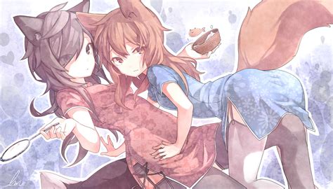 Fox Girl Original Characters Long Hair Simple Background Tail