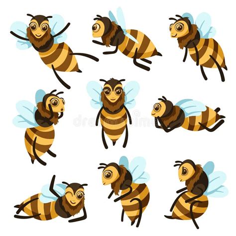 Cute Bees Funny Yellow Bee Characters Hand Drawn Flying Honey Bees