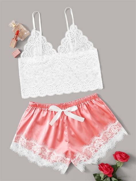 Floral Lace Bralette With Satin Shorts Shein Usa Ropa Lenceria