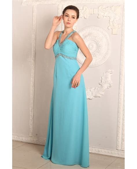 A Line V Neck Chiffon Floor Length Prom Dress With Beading Op85040