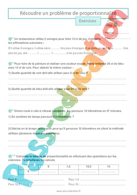 Résoudre un problème de proportionnalité 1 Exercices pour la 6ème