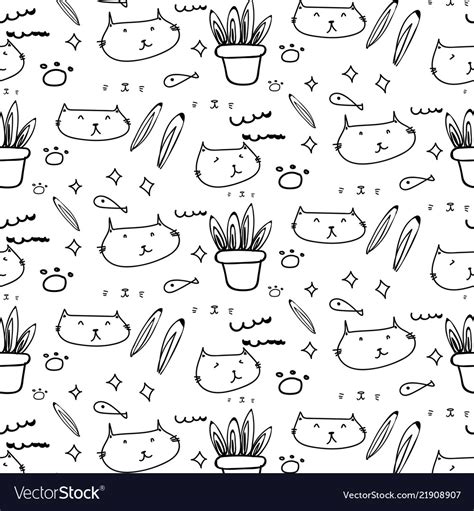 Cute Cat Doodle Pattern Background Royalty Free Vector Image