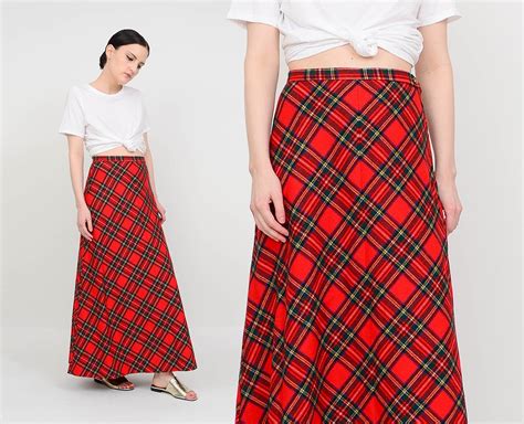 Vintage 70s Tartan Plaid Skirt Red Wool Maxi Skirt A Line