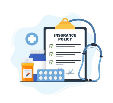 Insurance policy on clipboard. Health insurance agreement and medical drugs, pills. Check list ...