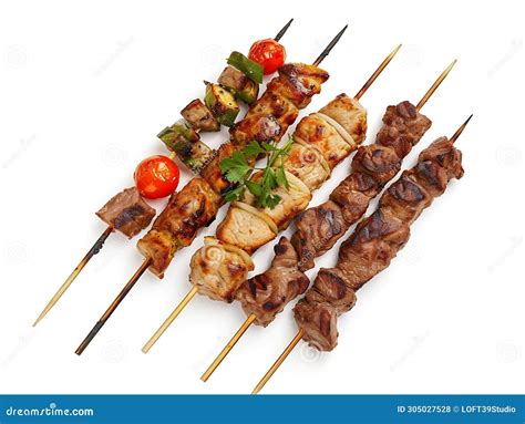 Generative AI Grilled Meat Skewers Variety Isolated On White Souvlaki