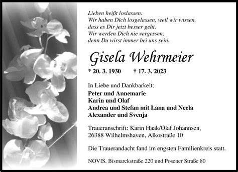 Traueranzeigen Von Gisela Wehrmeier Nordwest Trauer De