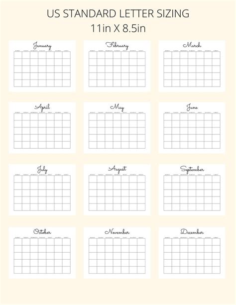 Blank Yearly Calendar Printable, PDF Printable, Digital Download ...