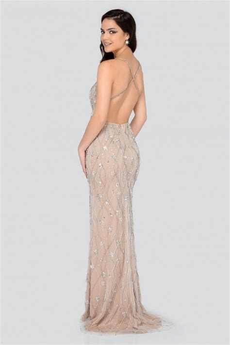 Beaded Plunging V Neck Sheath Dress With Slit Terani Couture 1911p8112