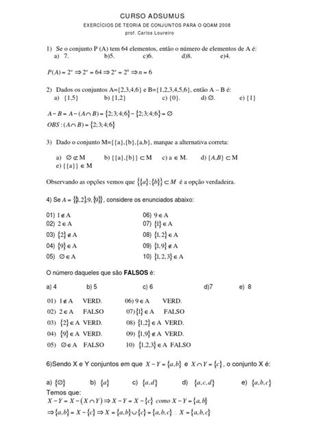 Exercícios De Conjuntos Pdf - Exercicios de Conjuntos | PDF | Conjunto (Matemática) | Radioatividade