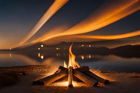 Premium AI Image A Fire Burns In Front Of A Lake With Mountains In