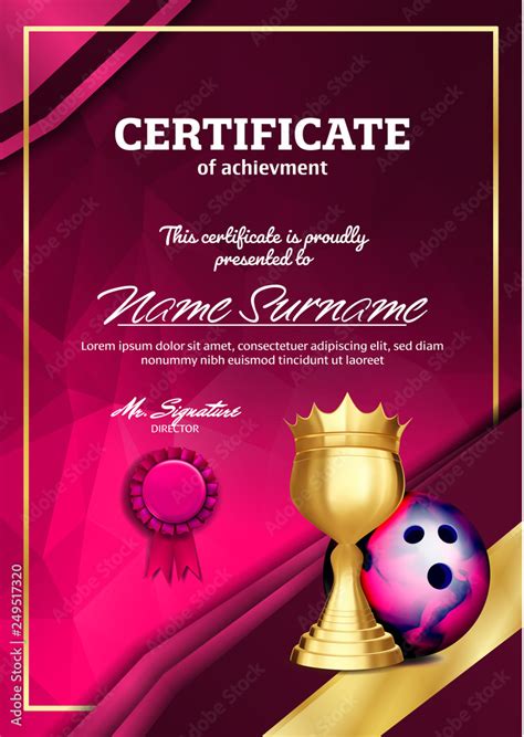 Bowling Certificate Diploma With Golden Cup Vector Sport Award