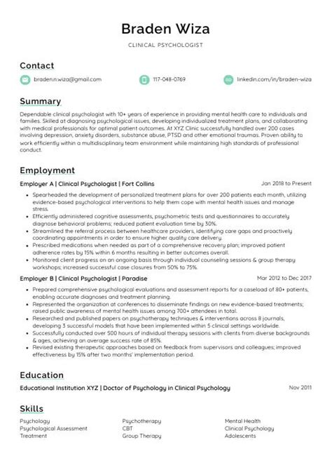 Clinical Psychologist Resume Cv Example And Writing Guide