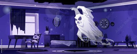 Ghost In Night Abandoned Bedroom Scary Spook Cartoon Halloween