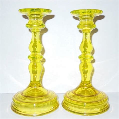 TIFFIN Canary Vaseline Glass 76 Candleholders RARE GLOW Antique