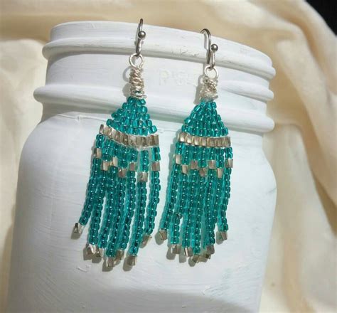 Blue Beaded Fringe Earrings Fringe Earrings By Happyelephantart