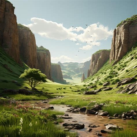 Premium Photo Lush Green Valley Unreal Engine Canyon Scene With