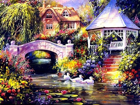 Pavilion Bridge Water Painting By Hao Chen Fine Art America