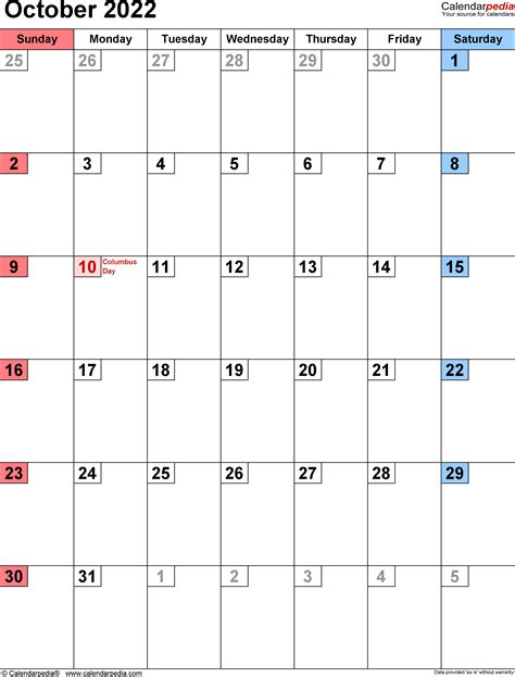 October 2022 Calendar | Templates for Word, Excel and PDF