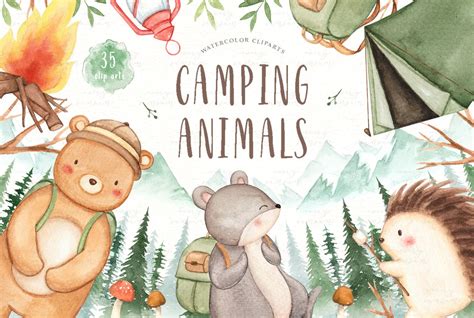 Camping Animals Watercolor Clip Arts | Animal Illustrations ~ Creative ...