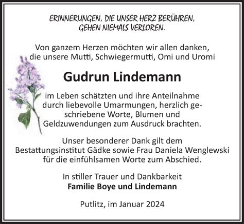 Traueranzeigen Von Gudrun Lindemann Trauer Anzeigen De