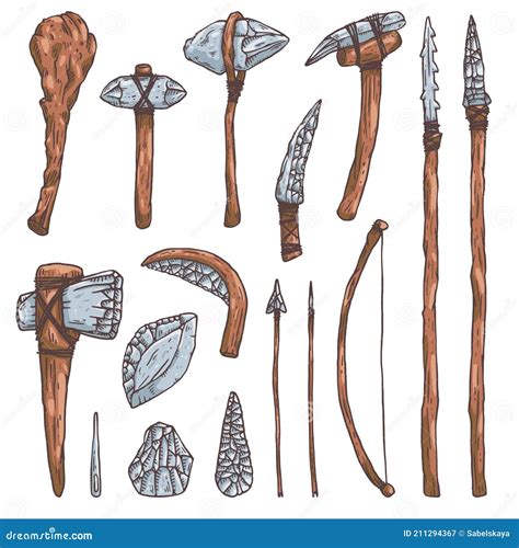 Stenen Werktuigen En Wapens Van Prehistorische Manketvectorillustratie