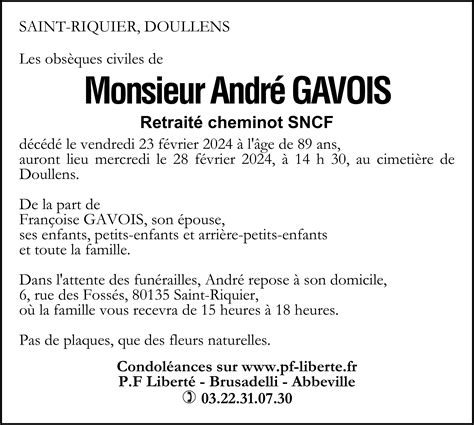 Avis De D C S De Andr Gavois Pompes Fun Bres Libert Brusadelli