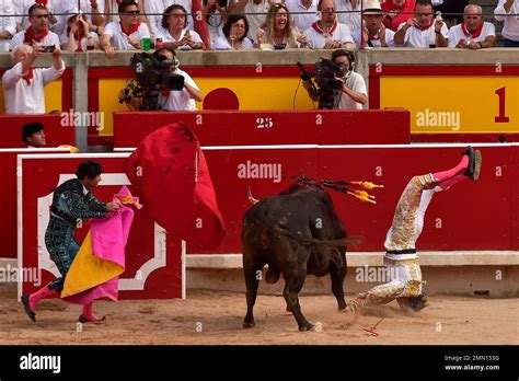 Spanish Bullfighter Pepin Liria Is Pushed By Victoriano Del Rio Cortes