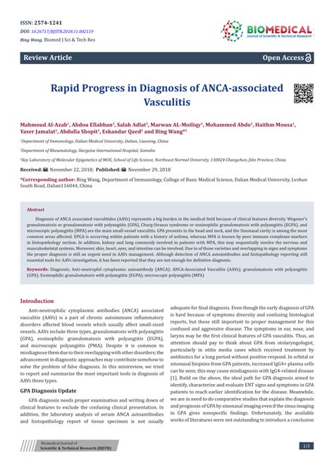 (PDF) Rapid Progress in Diagnosis of ANCA-associated Vasculitis