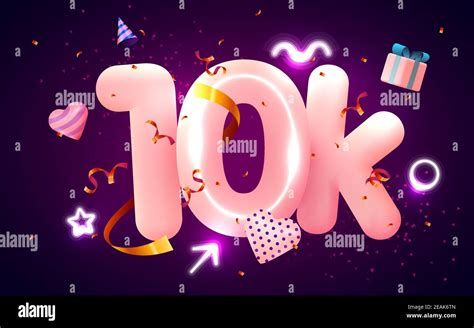 10k Or 10000 Followers Thank You Pink Heart Golden Confetti And Neon