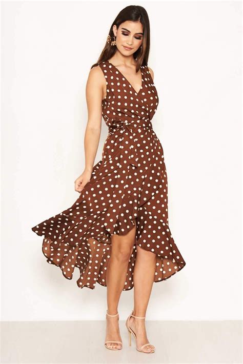 Brown Polka Dot Wrap Dress Brown Polka Dot Dress Black Dress Outfit