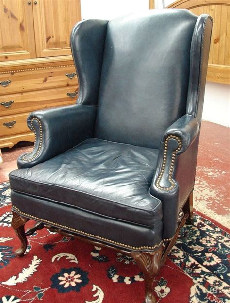 Bassett Navy Blue Leather Vintage Wear Wingback Fireside Accent Arm