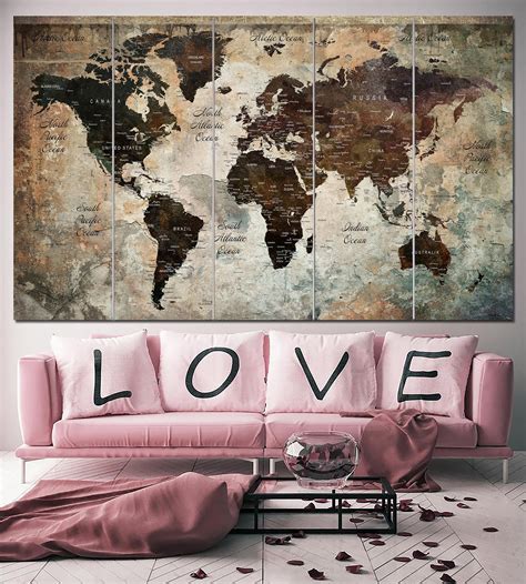 Brown World Map Wall Art World Map Canvas Beige Wall Art | Etsy