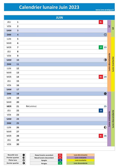 Calendrier lunaire Juin 2023 🌙 à consulter et imprimer