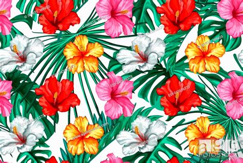 Vector Tropical Leaves Hibiscus Flower Blossom Summer Seamless Pattern