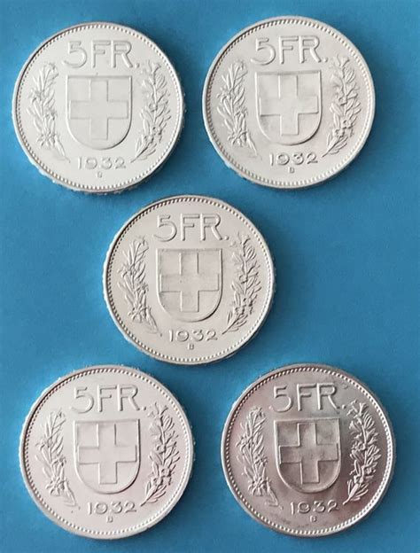 5 schöne Schweizer Silber 5 Franken Münzen alle von 1932 Kaufen auf