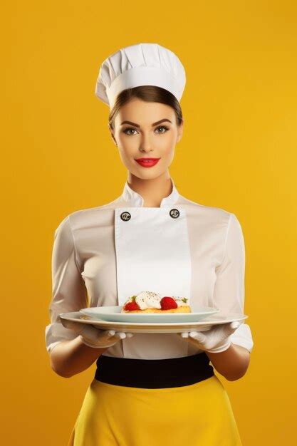 Premium AI Image Beautiful Chef Woman Presenting A Product On Empty Plate