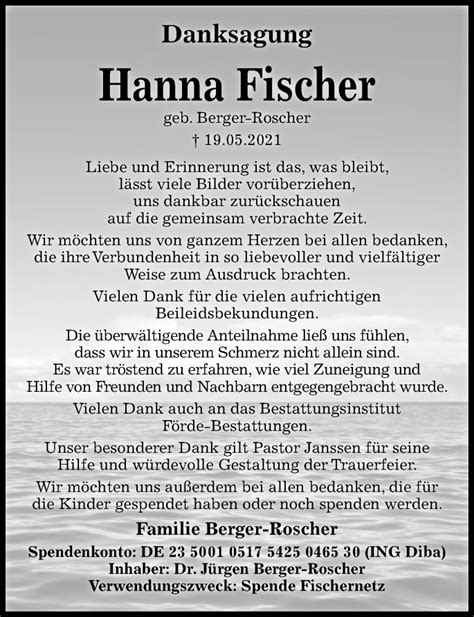 Traueranzeigen Von Hanna Fischer Trauer Anzeigen De