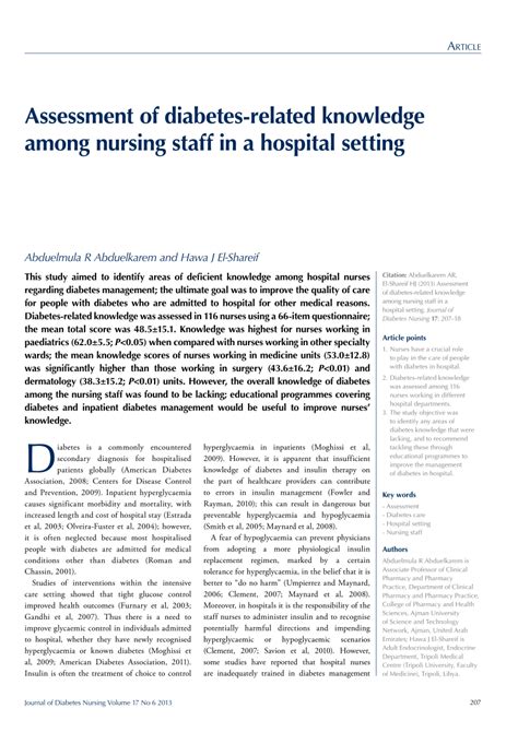 Pdf Assessment Of Diabetes Related Knowledge Among Nursing Staff In A Hospital Setting Article